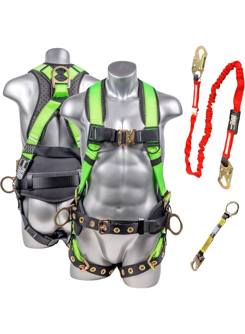 Palmer Safety 5-Point Full Body Harness with Padded Back Support, Quick-Connect Buckles & Grommet Leg Straps - OSHA & ANSI Compliant Industrial Roofing Gear - Hi-Vis Green - Image 1